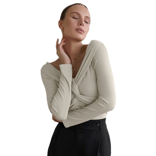 Fall Minimalist Design Skinny V neck Warm T shirt Women Clothing