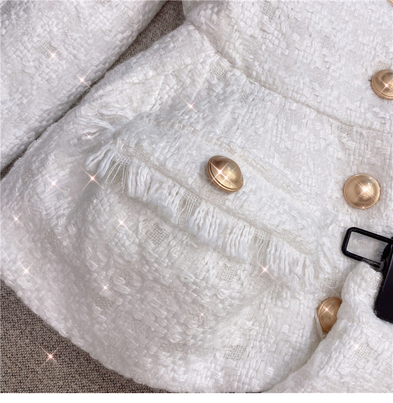 Autumn Winter Chanel-Style White Shiner Tweed Coat Jacket Shorts Suit Two-Piece Set