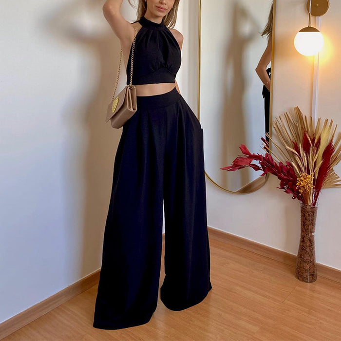 Casual Set Halter Slim Fit Elegant Chest Wrapped High Waist Trousers Two Piece Set for Women
