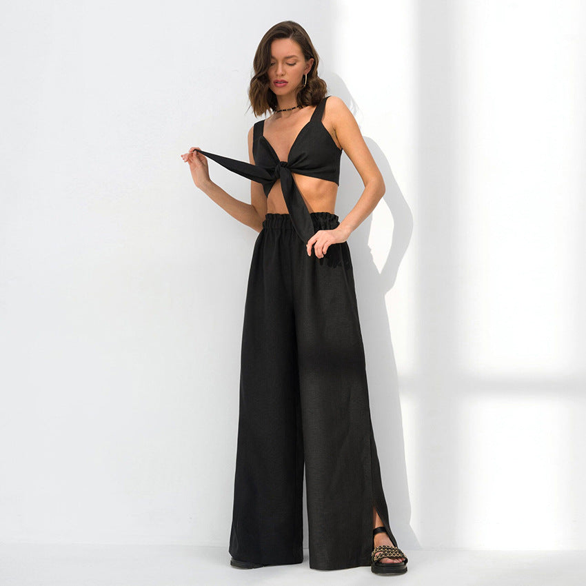Sexy Bow Suspenders Vest Wide Leg Pants Two Piece Set Women Summer Vacation