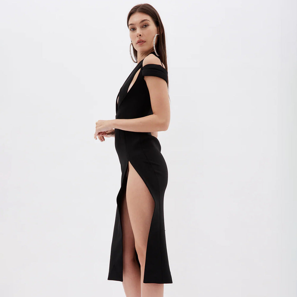 Black Hollow Out Cutout Halter Split Dress Dopamine Wear Women Clothing Design Dress