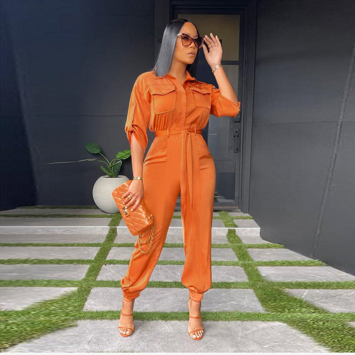 Tooling Solid Color Lace up Casual Women Jumpsuit