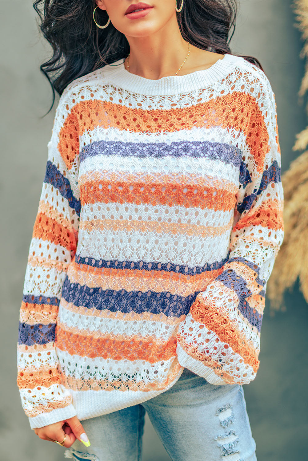 Multicolored Stripe Openwork Knit Pullover