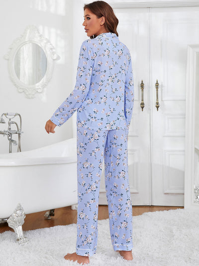Floral Button Down Lapel Collar Pajama Set