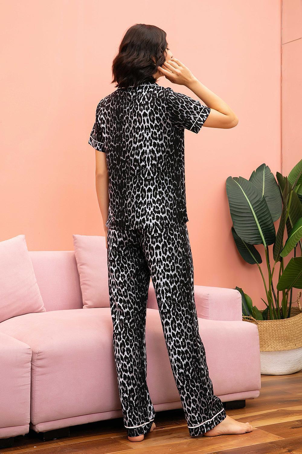 Leopard Lapel Collar Shirt and Pants Lounge Set