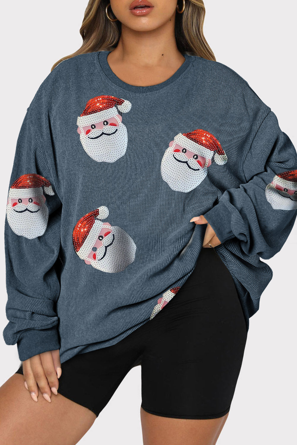 Navy Blue Christmas Santa Round Neck Graphic Sweatshirts