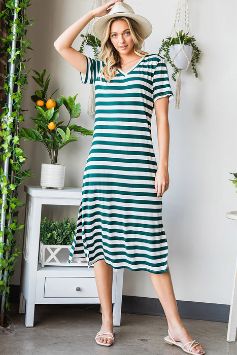 Striped V-Neck Short Sleeve Side Slit Dress