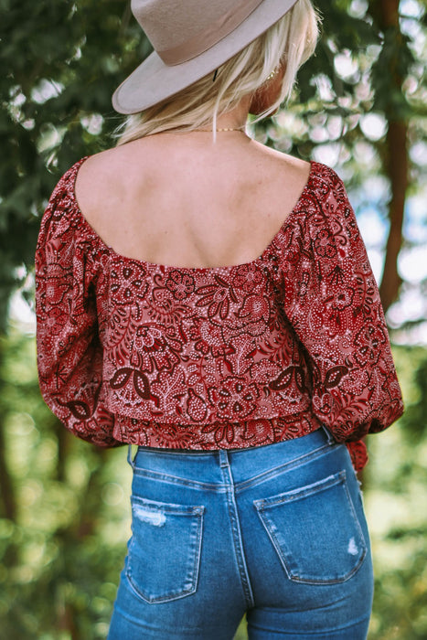 Printed Flounce Sleeve Cropped Blouse