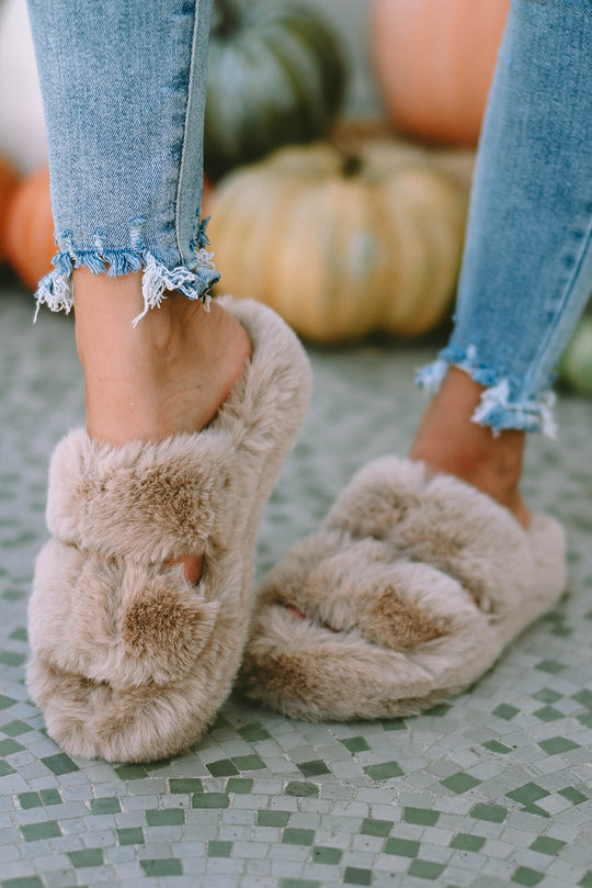 Brown Winter Plush Hollow Out Slippers