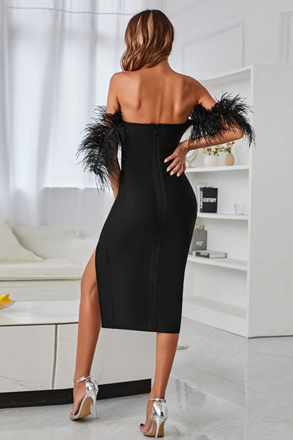 Feather Trim Off-Shoulder Split Dress