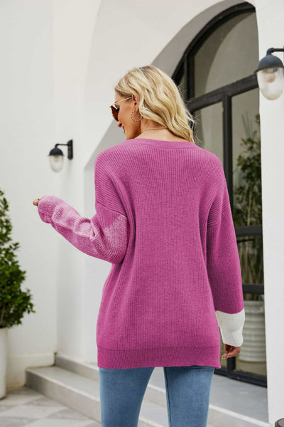 Color Block Rib-Knit Round Neck Sweater