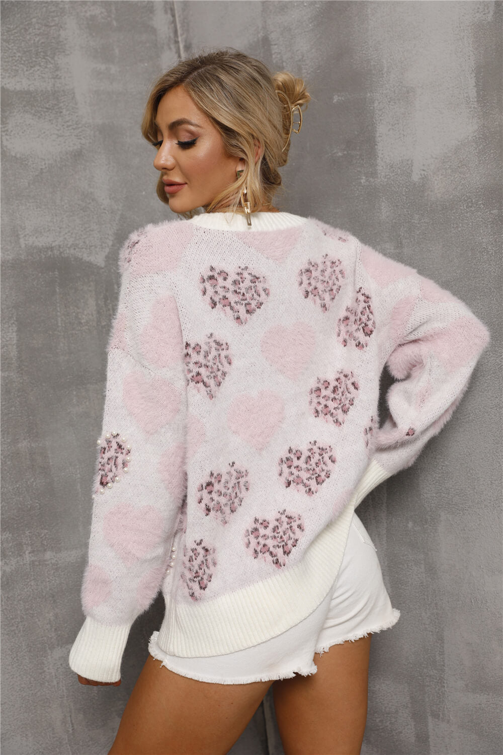 Heart Print Pearl Detail Fuzzy Sweater