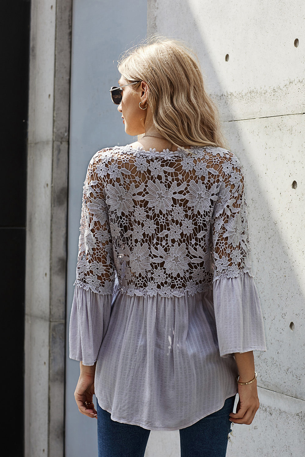 Spliced Lace Bell Sleeve Buttoned Blouse