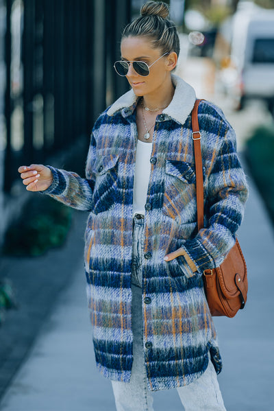 Plaid Button Front Longline Coat with Pockets