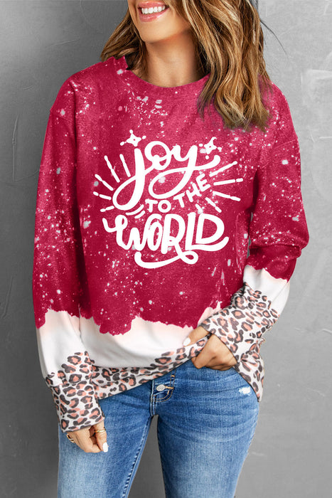 Red Joy To The World Leopard Print Loose Graphic Sweatshirt