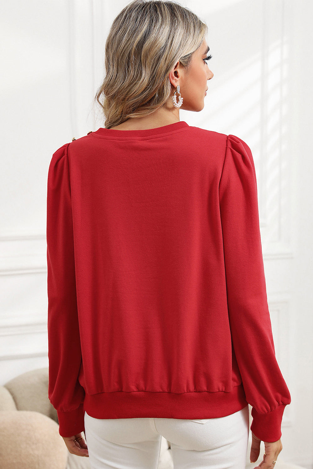 Red merry Graphic Button Tab Bishop Sleeve Top