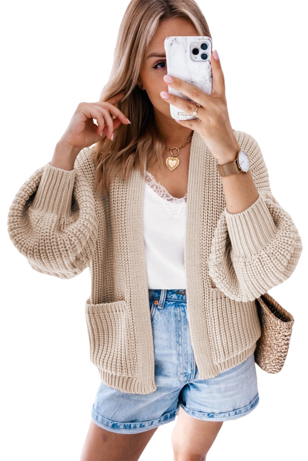 Apricot Solid Pocketed Open Short Cardigan