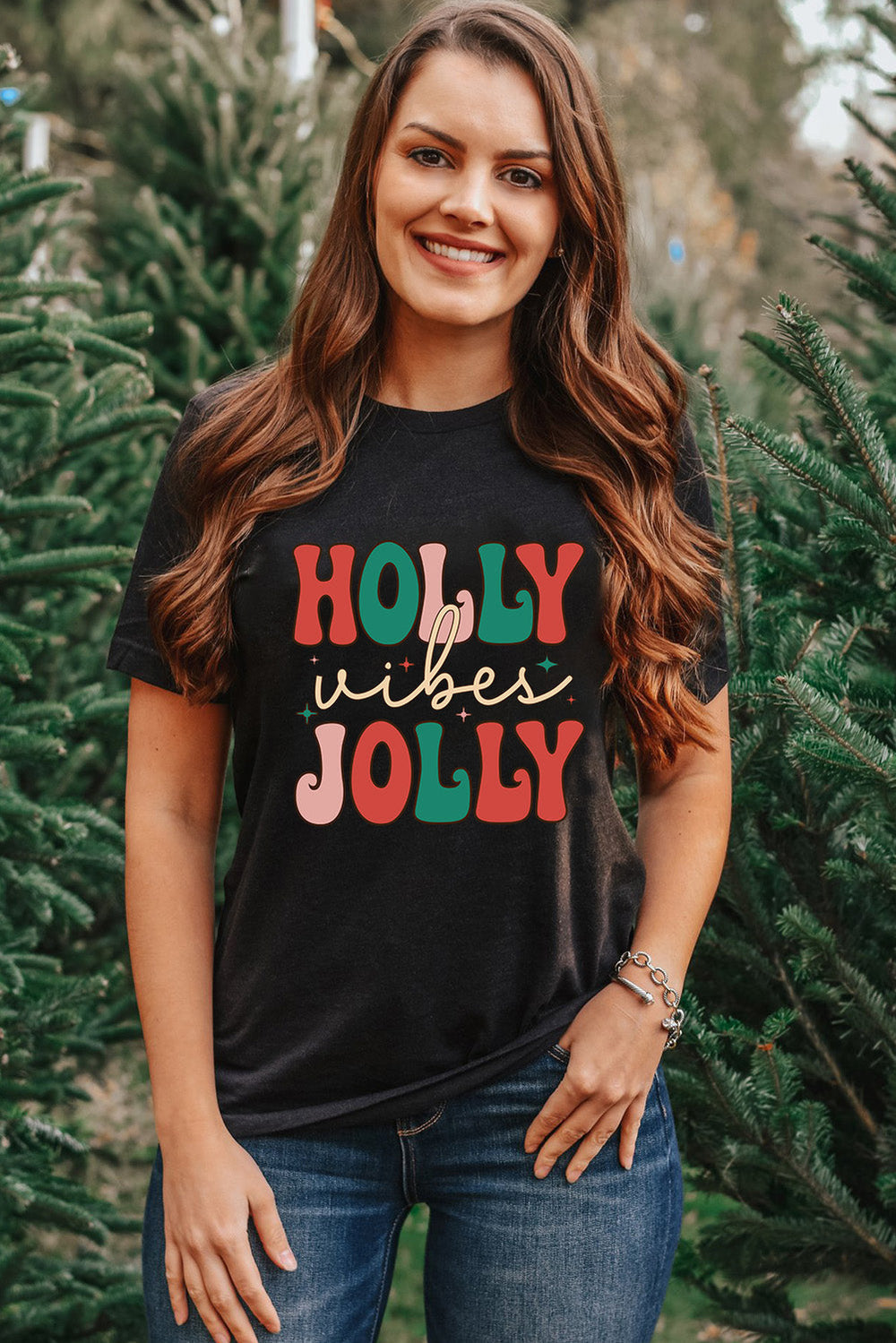 Black HOLLY JOLLY Vibes Christmas Crew Neck Graphic T Shirt