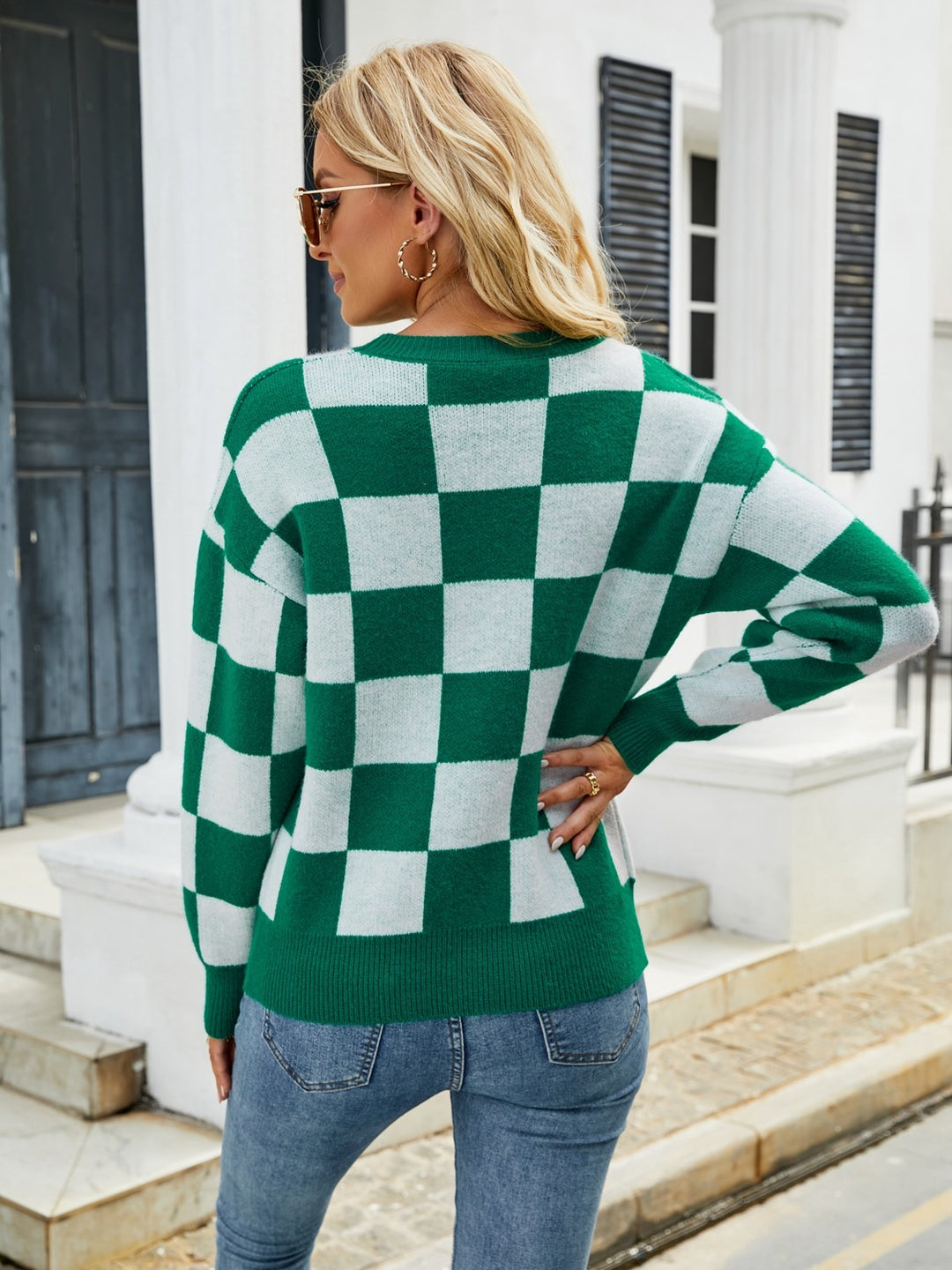 Checkered Dropped Shoulder Round Neck Sweater