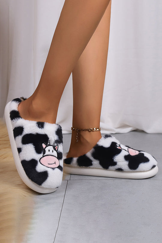 White Cartoon Animal Embroidered Fuzzy Home Slippers