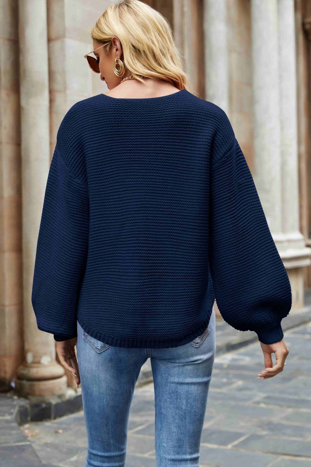 Dropped Shoulder Balloon Sleeve Knit Pullover