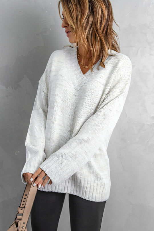 Heathered Ribbed Trim V-Neck Drop Shoulder Sweater