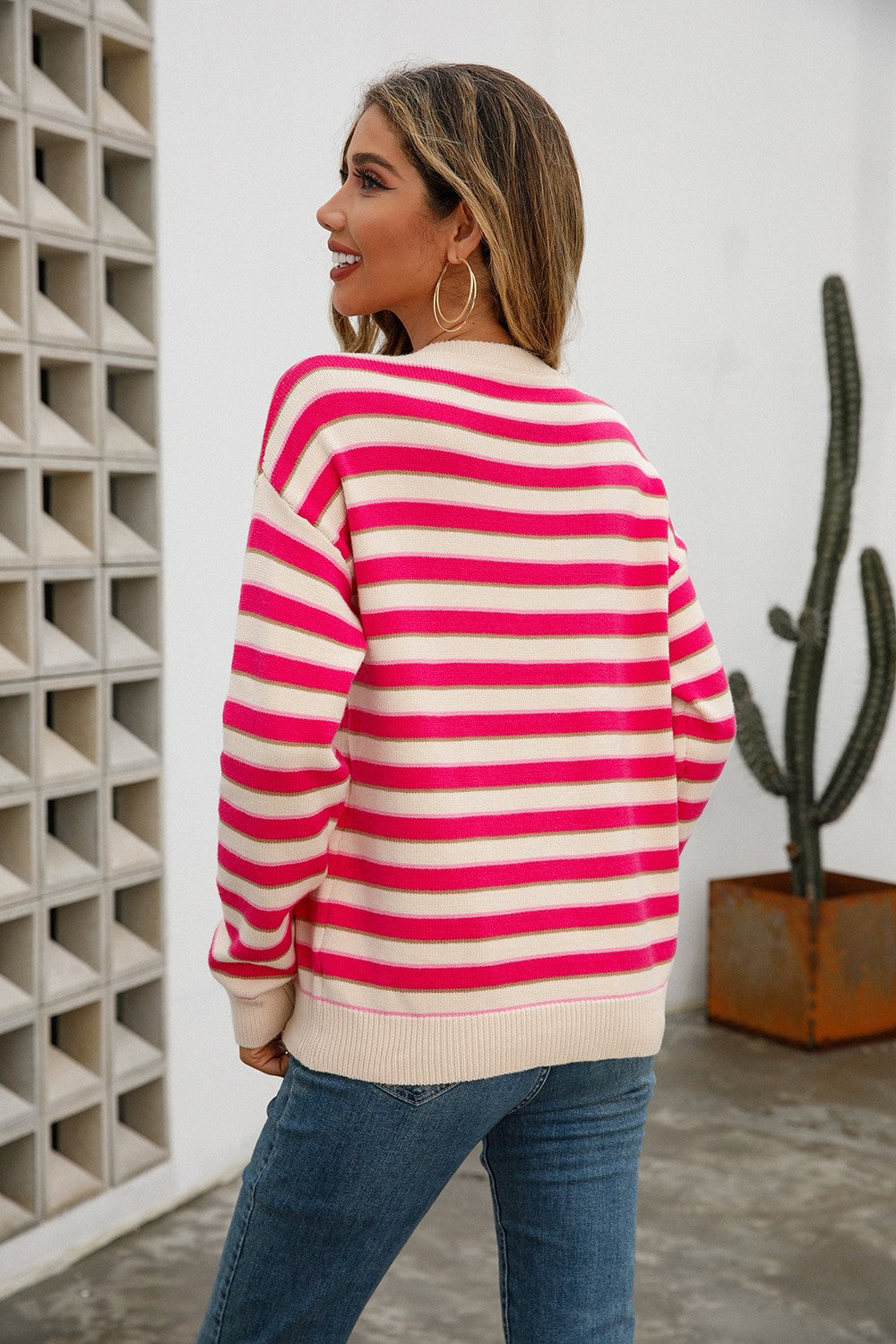 Striped Round Neck Dropped Shoulder Knit Pullover