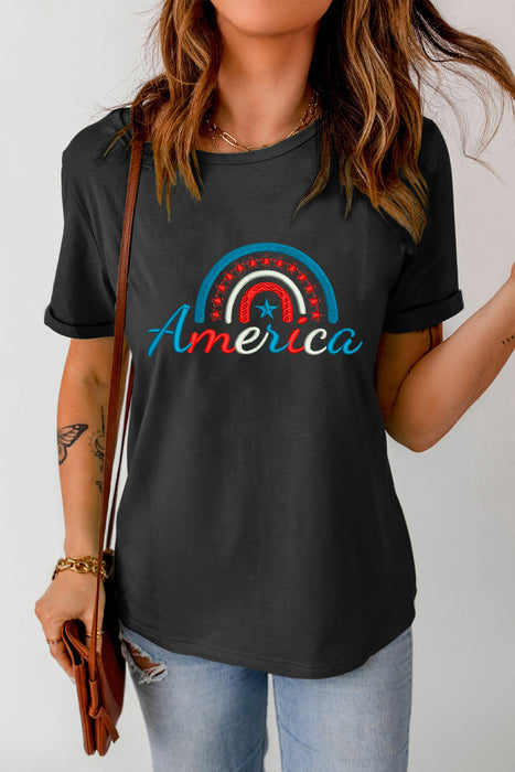 AMERICA Embroidered Round Neck Cuffed Tee Shirt