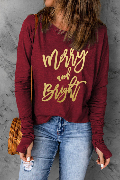 Red Merry and Bright Thumb Hole Long Sleeve Graphic T Shirt