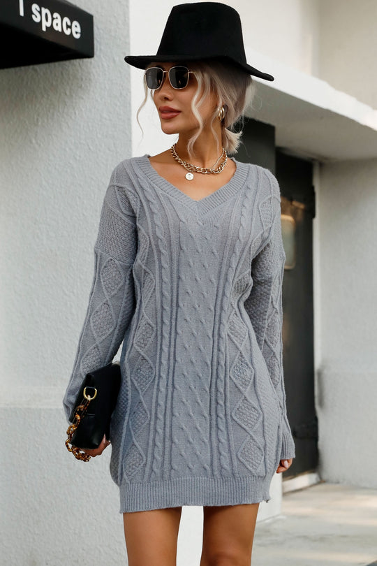Mixed Knit V-Neck Mini Sweater Dress