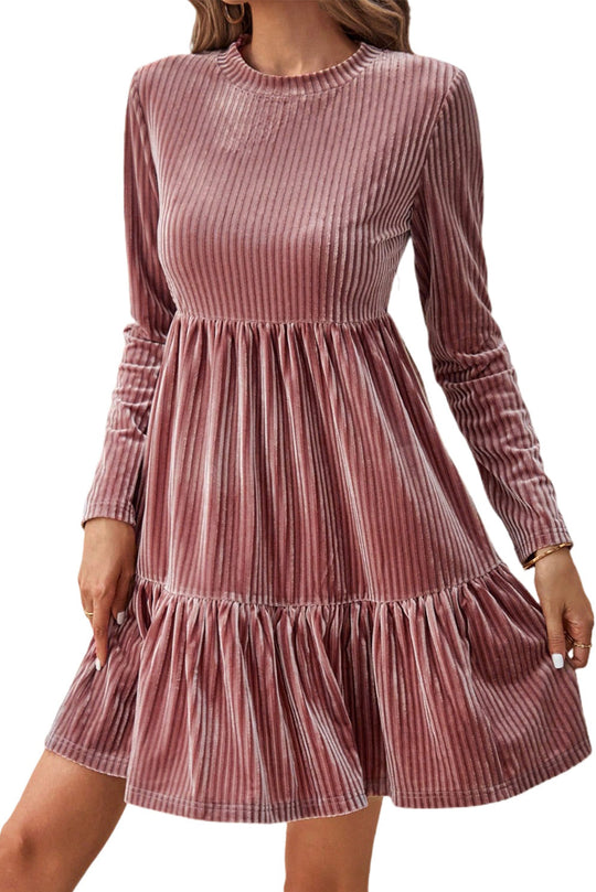 Apricot Pink Ribbed Tiered Velvet Mini Dress