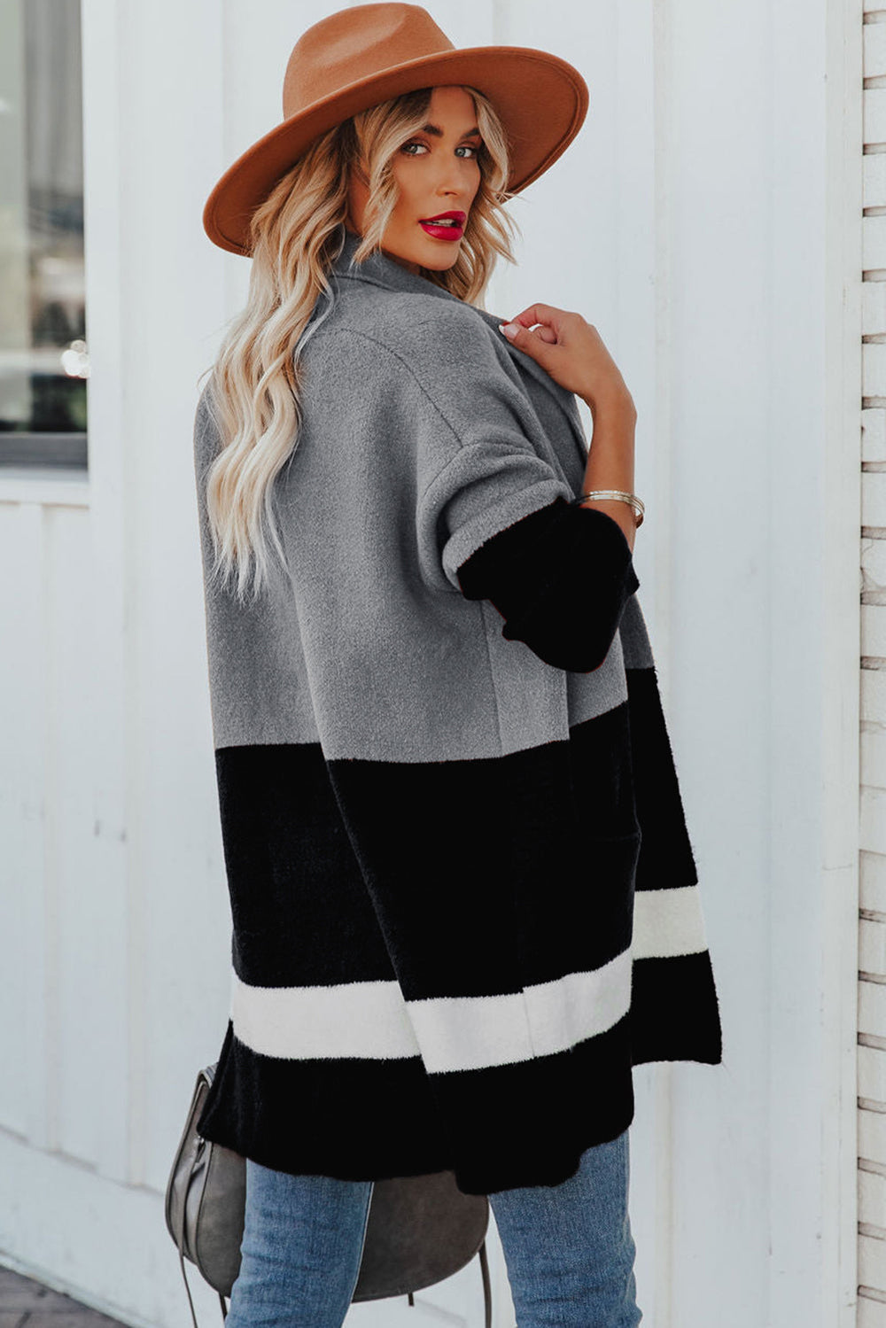 Gray Colorblock Pocketed Open Front Long Cardigan