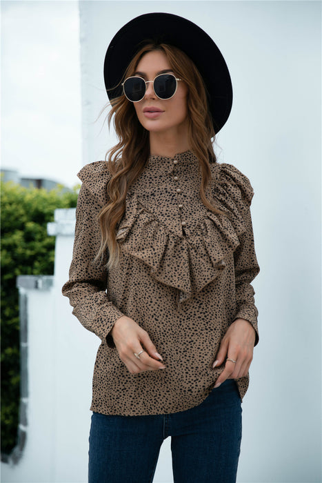 Animal Print Buttoned Ruffled Long Sleeve Blouse