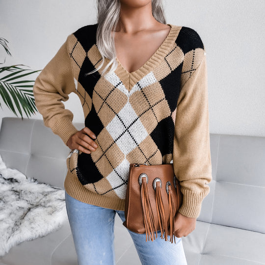 Argyle V-Neck Long Sleeve Sweater