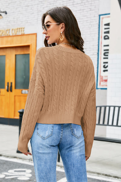 Cable-Knit Drop Shoulder Round Neck Sweater