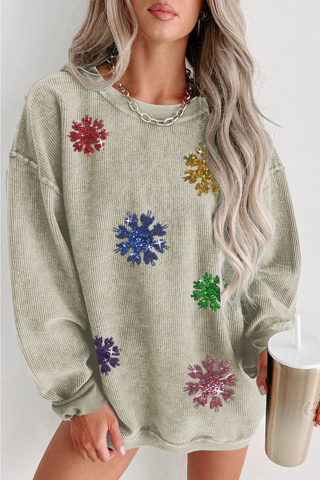 Green Sequin Snowflake Corded Drop Shoulder Graphic Sweatshirt