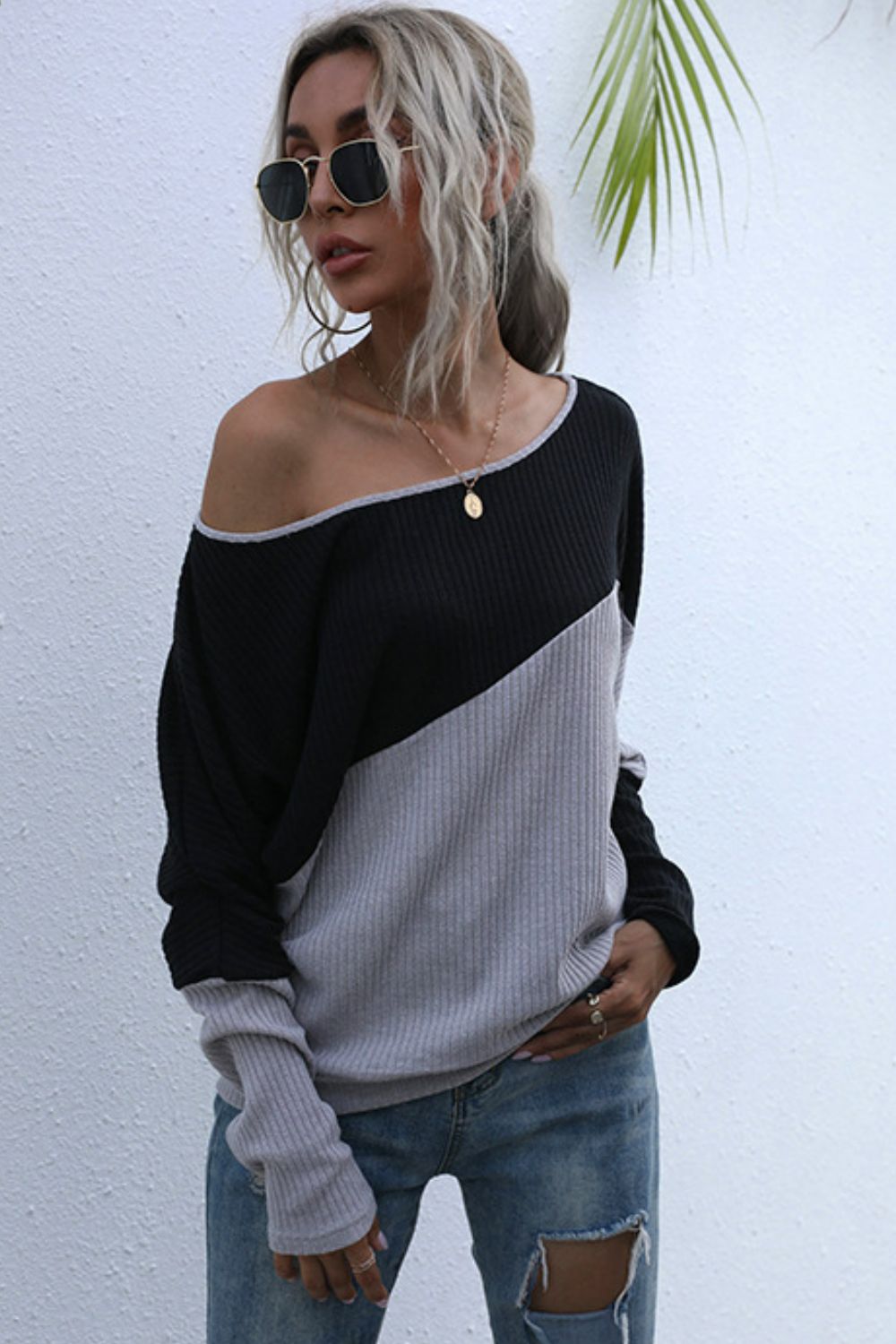 Two-Tone Off-Shoulder Rib-Knit Top