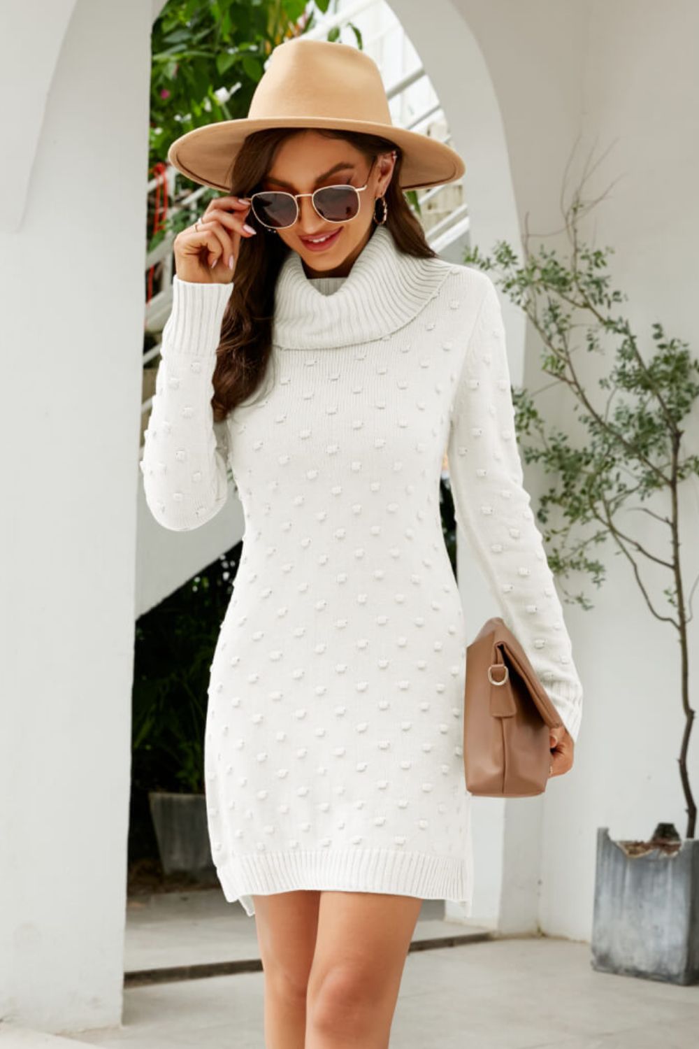 Pompom Turtleneck Slit Sweater Dress