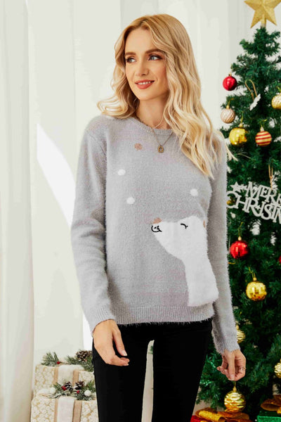 Animal Graphic Round Neck Fuzzy Sweater