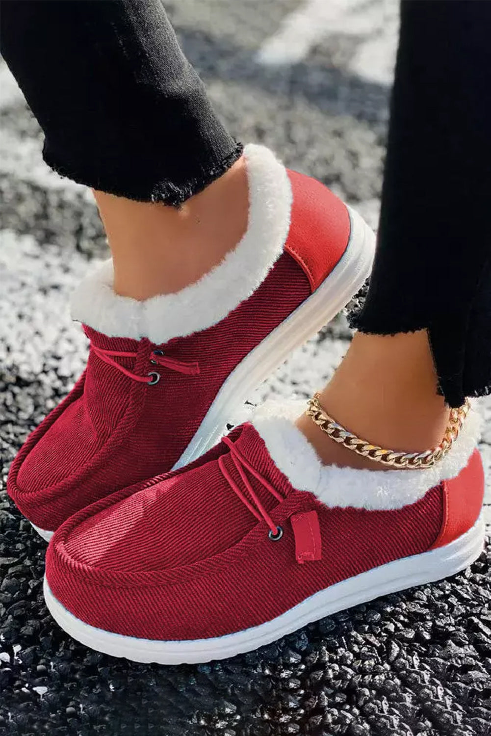 Fiery Red Lace Up Corduroy Fur Lined Slips On Shoes