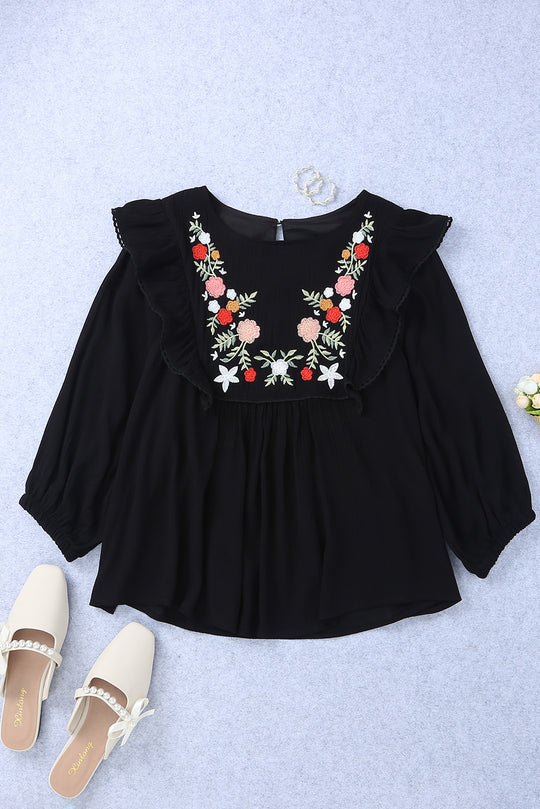 Floral Embroidered Ruffled Babydoll Top