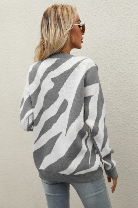 Animal Print Round Neck Dropped Shoulder Sweater