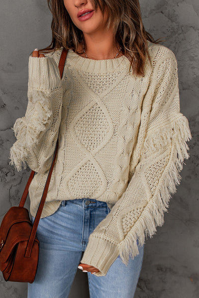 Cable-Knit Fringe Trim Sweater