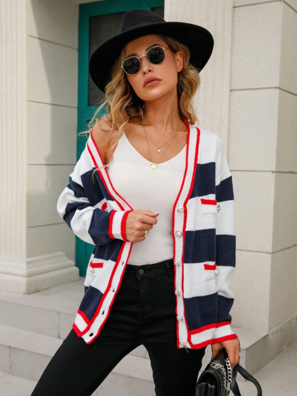 Striped Contrast Button-Up Cardigan