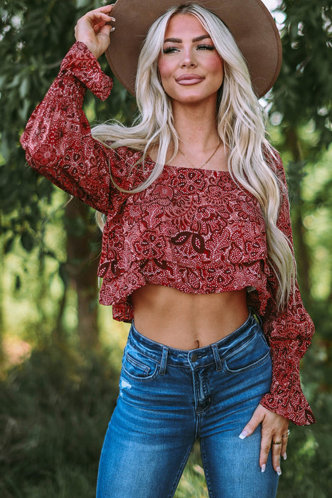 Printed Flounce Sleeve Cropped Blouse