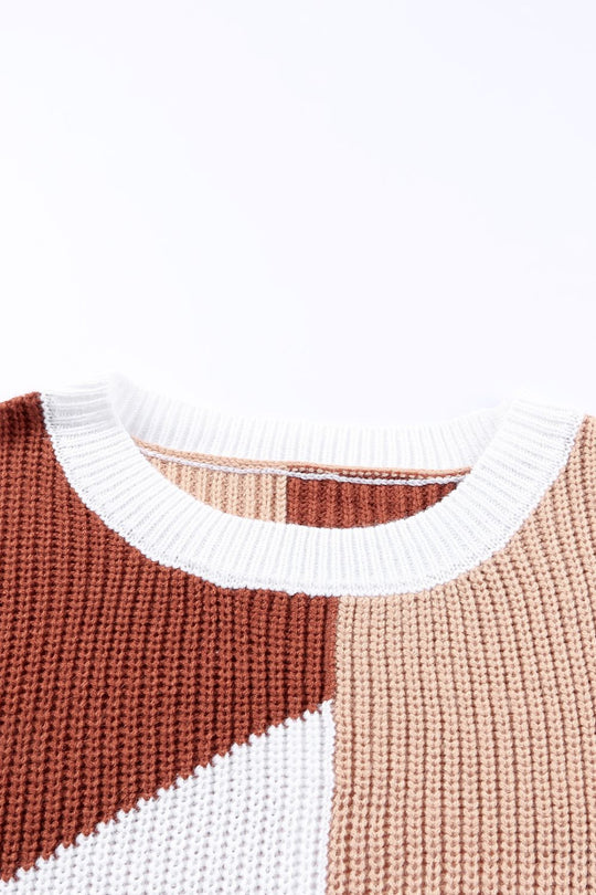 Color Block Round Neck Rib-Knit Drop Shoulder Sweater