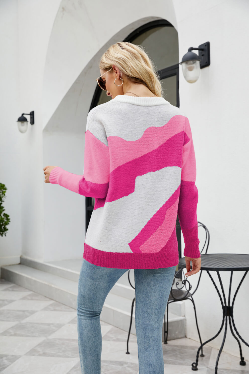 Color Block Dropped Shoulder Round Neck Tunic Sweater
