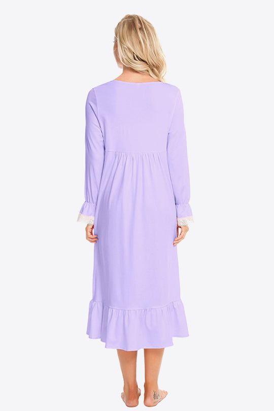 Contrast Lace Trim Ruffle Hem Square Neck Night Dress