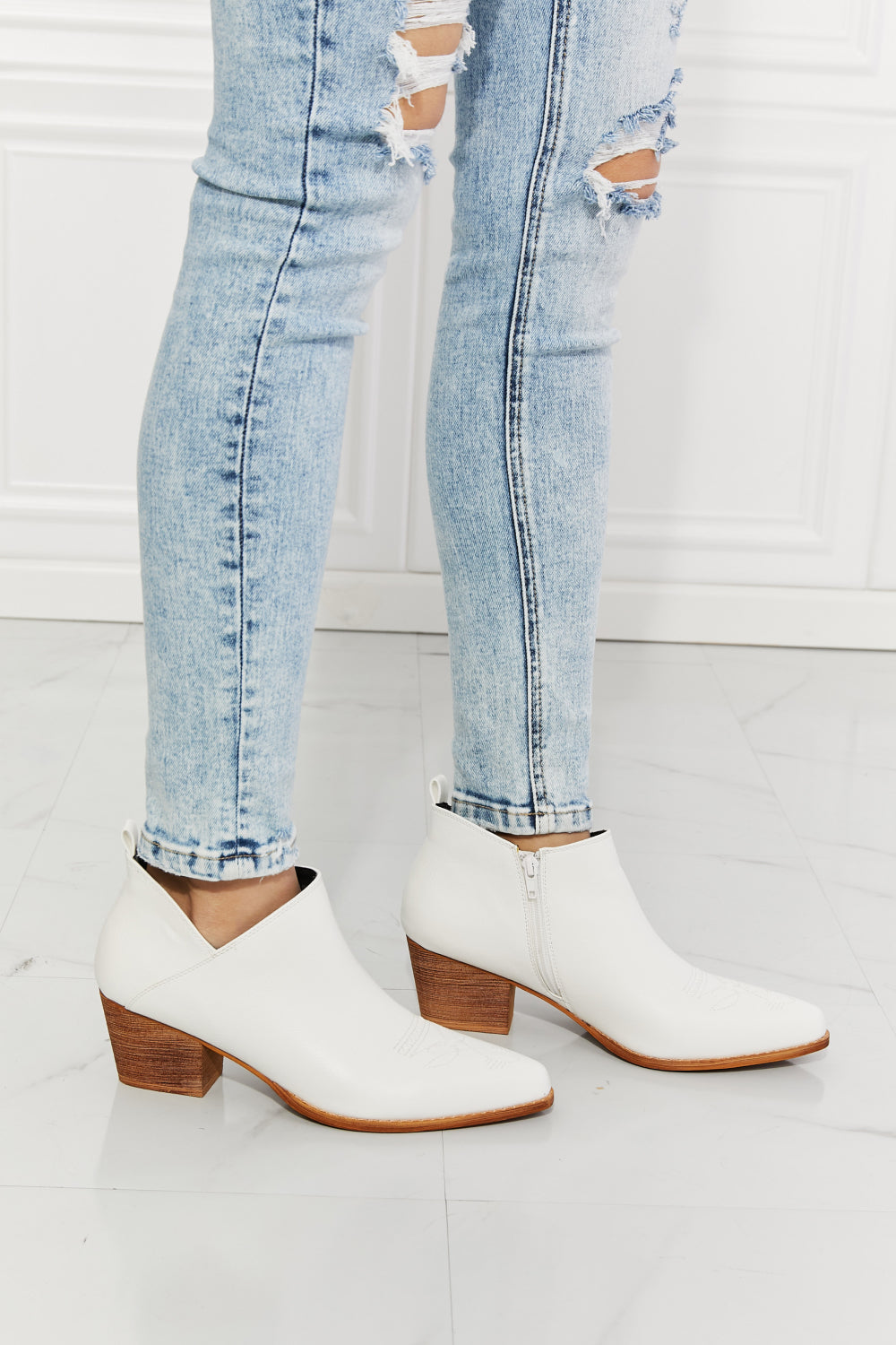 MMShoes Trust Yourself Embroidered Crossover Cowboy Bootie in White - BEAUTY COSMOTICS SHOP