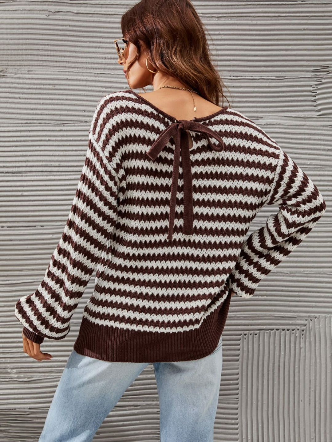 Striped Dropped Shoulder Tie-Back Sweater